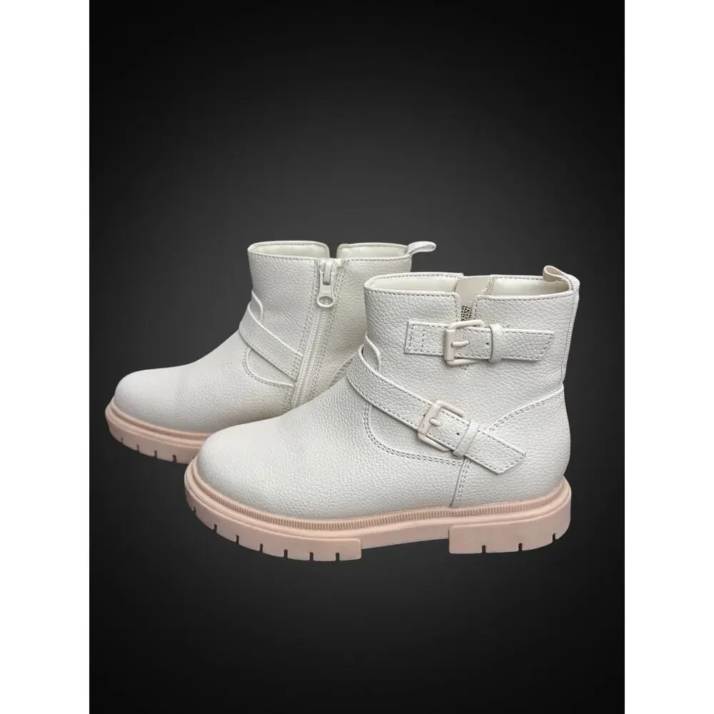 Cat & Jack Girls Bootie US 12 White Ankle Buckle Zip Round Toe Non-Marking